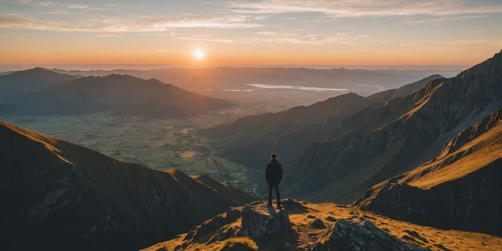 Person on mountain peak at sunrise