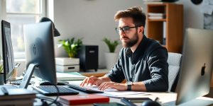Person working diligently at a clean, organized workspace.