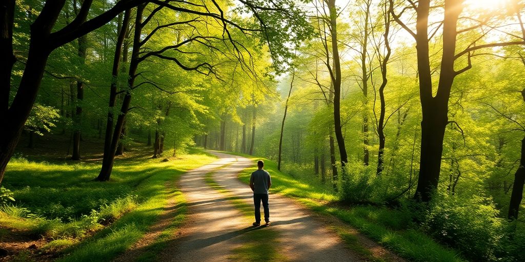 Person standing on a path in a vibrant forest.