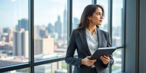 Confident woman in office looking out towards city skyline.