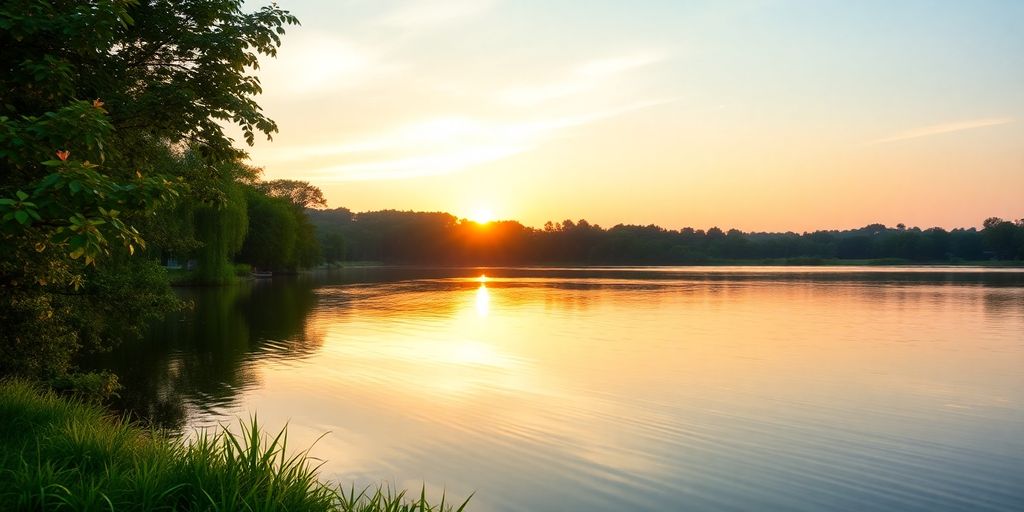 Sunrise over a calm lake with lush greenery surrounding.