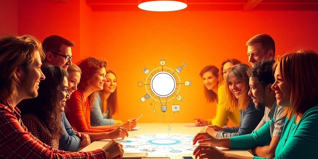 People collaborating around a table, sharing ideas enthusiastically.
