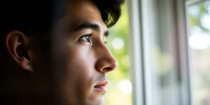 Thoughtful person in natural light, immersed in focus.