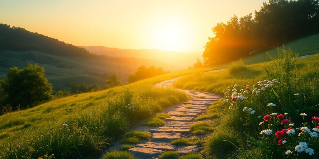 A scenic path through nature leading towards a bright horizon.