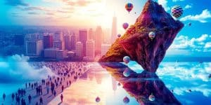 A cityscape merges with a surreal dream landscape.