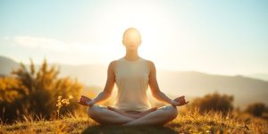 Meditating figure in nature with soft sunlight and tranquility.