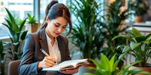 Professional woman writing goals in a modern office.