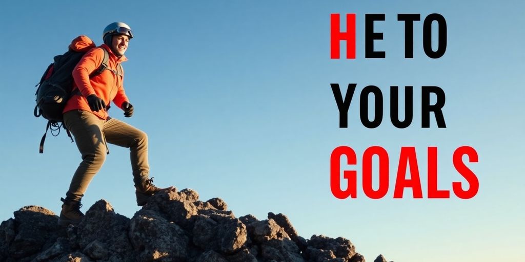 Person climbing a mountain to represent achieving goals.