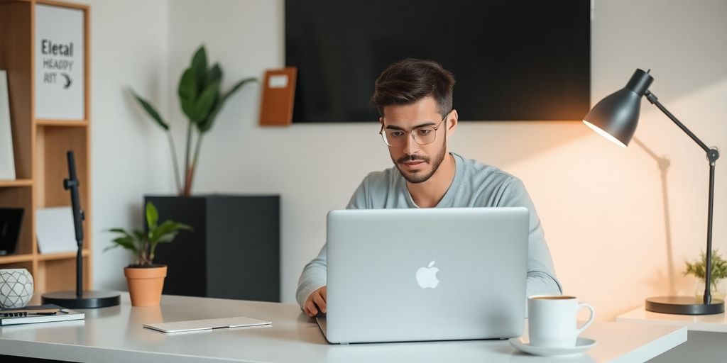 Focused person working at a clean, organized desk.