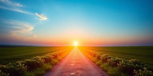 Path leading to horizon with sunrise, symbolizing business vision.