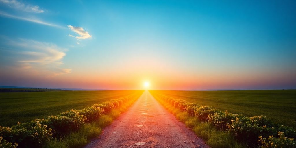 Path leading to horizon with sunrise, symbolizing business vision.