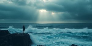 Person on cliff facing stormy ocean and light.
