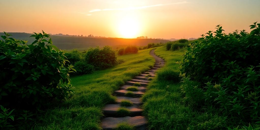 A winding path through a lush, sunlit landscape.