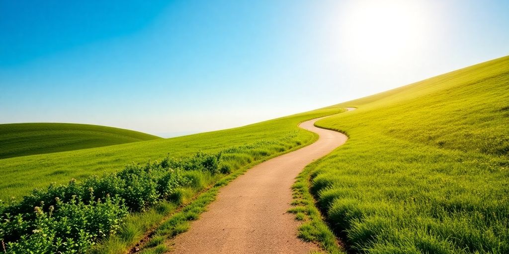 A winding path through greenery leading to a bright horizon.