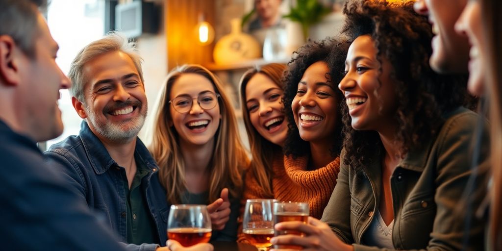 Diverse friends enjoying a warm moment in a café.