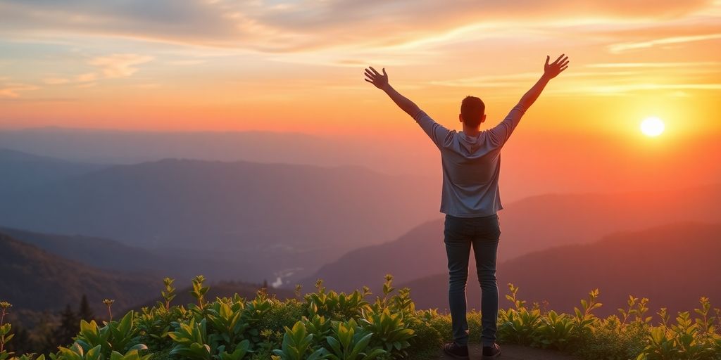 Person celebrating sunrise on a mountain, embracing new opportunities.