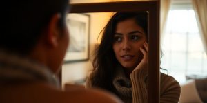 Person looking in a mirror, deep in thought.