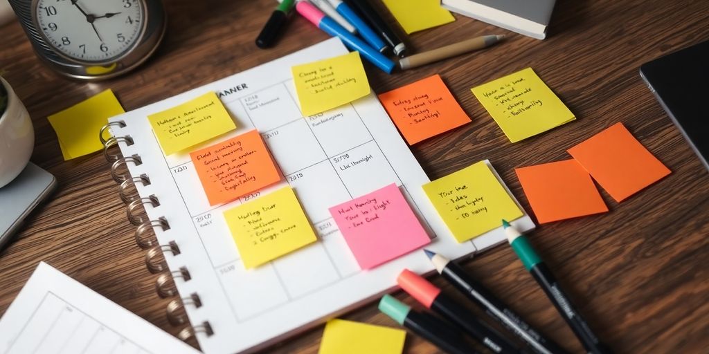 Workspace with planner and sticky notes for action steps.