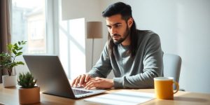 Person concentrating at a desk with a laptop.