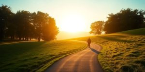 A person walking on a peaceful path towards a bright horizon.