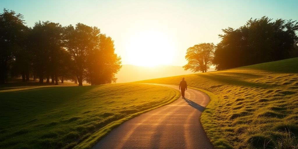 A person walking on a peaceful path towards a bright horizon.