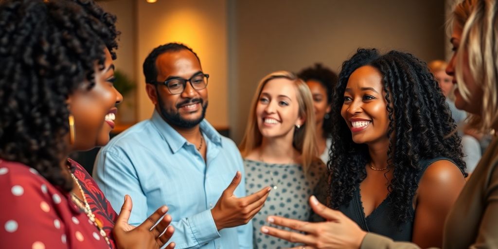 Diverse people engaging in conversation with expressive body language.
