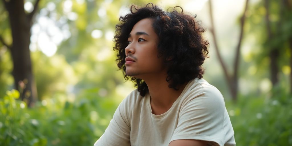 Person meditating in nature, surrounded by greenery and sunlight.