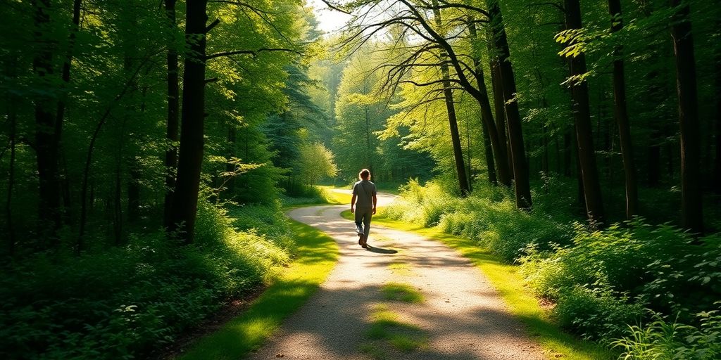 Person walking on a peaceful forest path, reflecting.