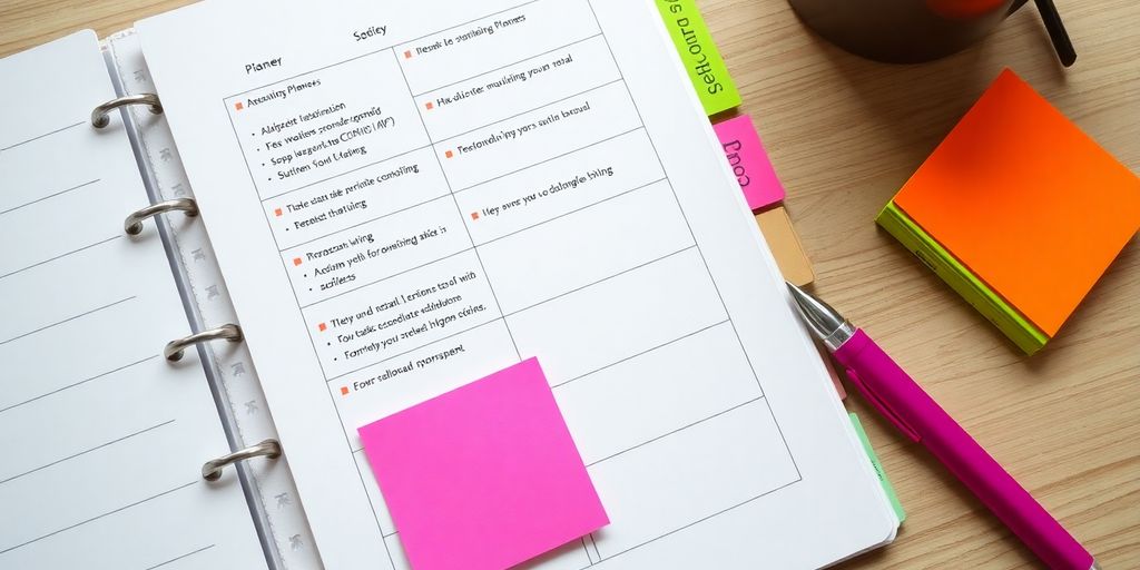 Workspace with planner, sticky notes, and pen for planning.
