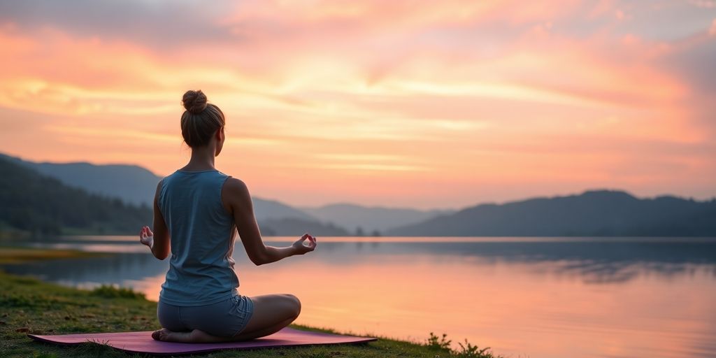 Person meditating peacefully by a calm lake at sunrise.