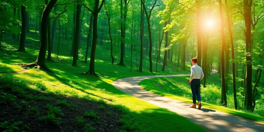 Person on a path in a lush forest landscape.