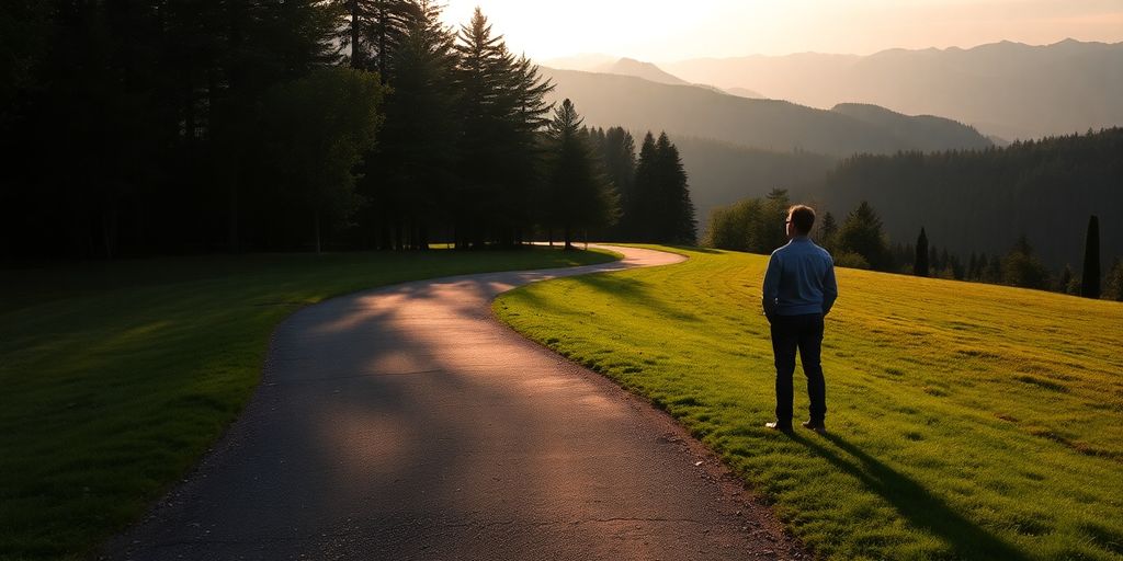 Person contemplating at a path in a serene landscape.