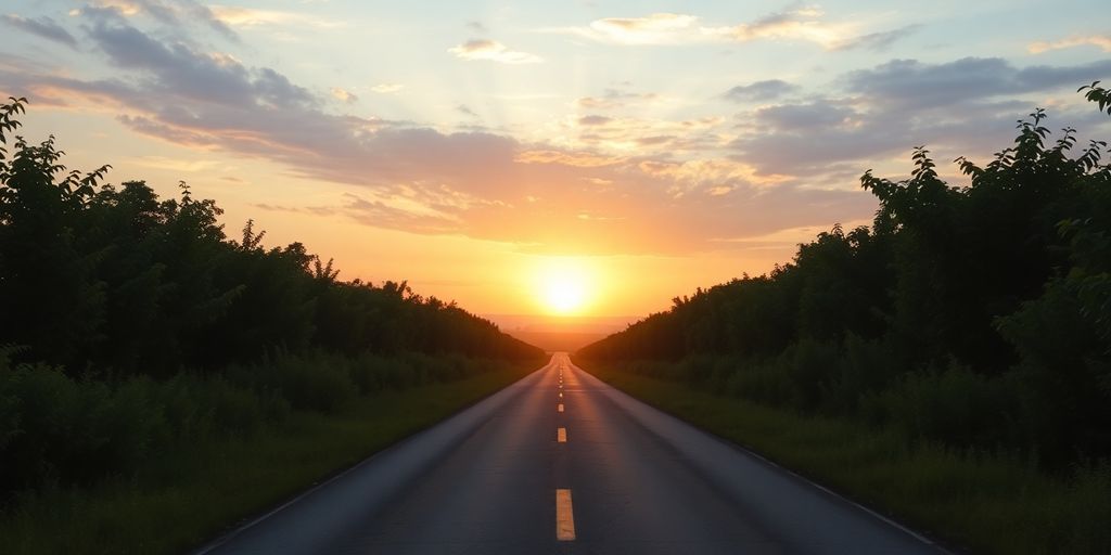 A serene landscape with an open road at sunrise.