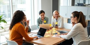 Team collaboration in a bright office environment.