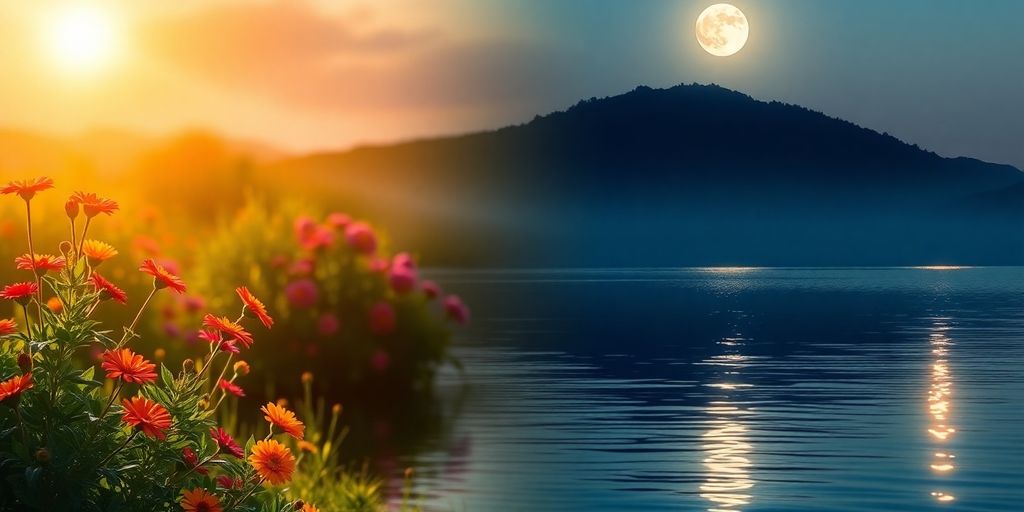 A split landscape of sunlight and twilight scenery.