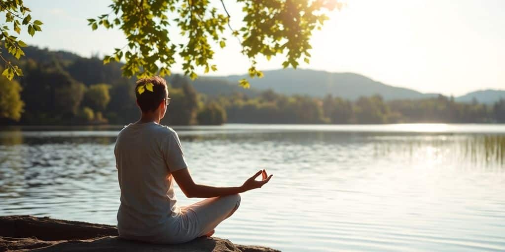Person meditating by a peaceful lake in nature.
