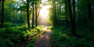 A peaceful forest path leading towards a bright future.