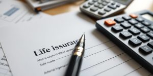 Pen on insurance application with financial documents.