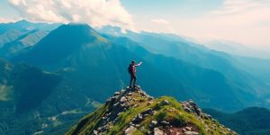 Hiker on mountain peak with stunning nature backdrop.