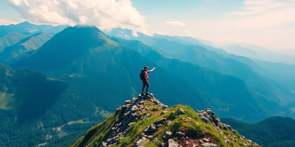 Hiker on mountain peak with stunning nature backdrop.