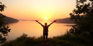 Person embracing nature at sunrise by a tranquil lake.