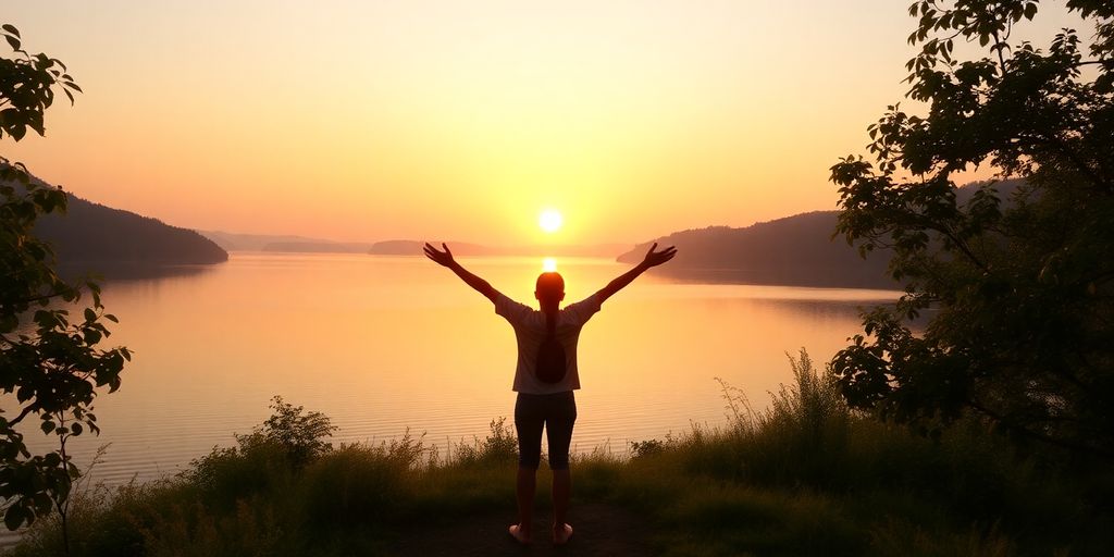 Person embracing nature at sunrise by a tranquil lake.