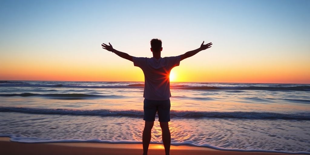 Person on beach at sunrise, embracing a new beginning.