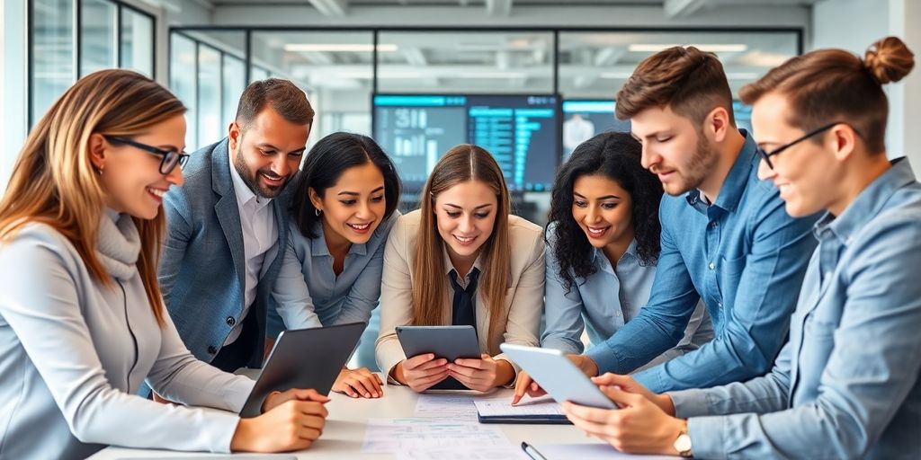Team collaborating on digital security strategy in an office.
