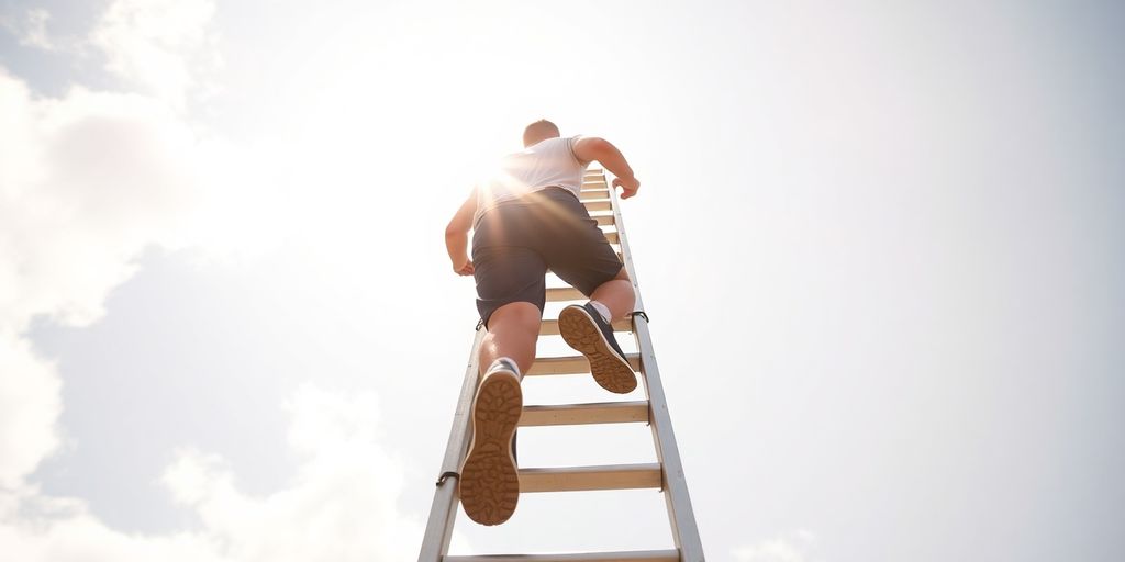 Person climbing ladder to reach goal.