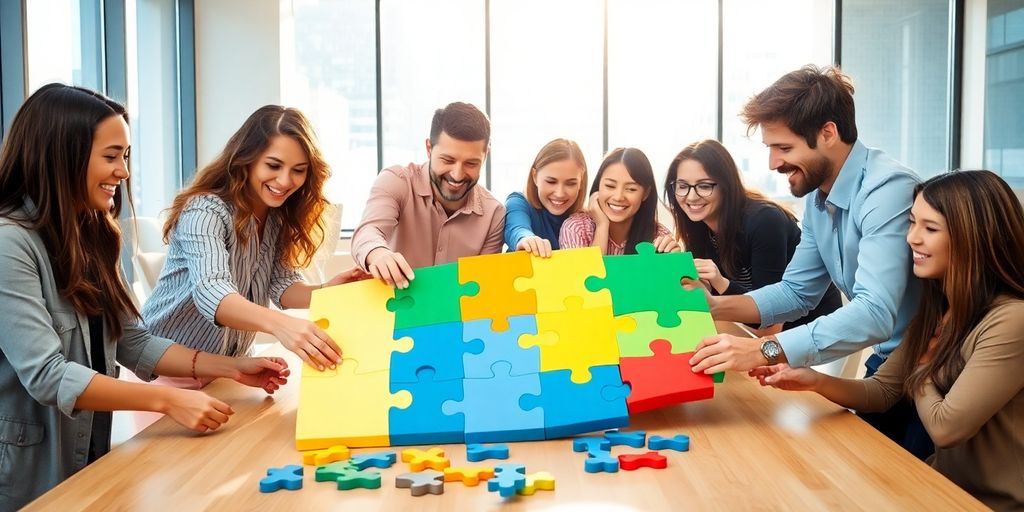 Diverse employees collaborating on a puzzle.