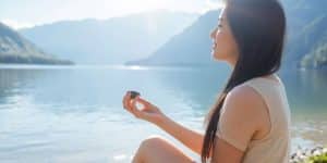 Person reflecting on values, surrounded by nature.