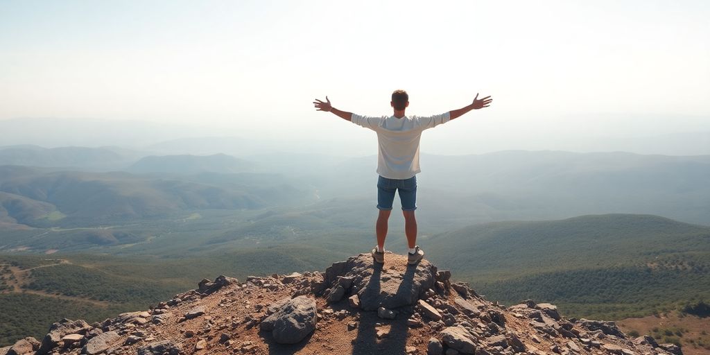 A person stands on a mountain peak.