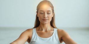 Woman meditating, light glowing around her head.