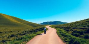 Person walking on a winding path, sunny.